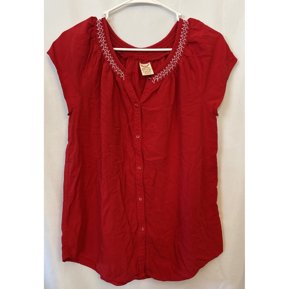 Faded Glory Women's Red L (12-14) Rayon Smocked Embroidered Button Front Blouse